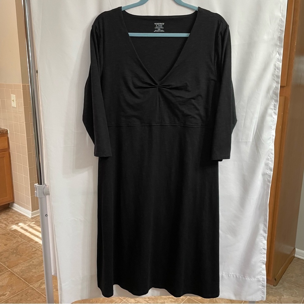 Toad & Co XL Black Organic Cotton A-Line V-Neck 3/4 Sleeves Dress